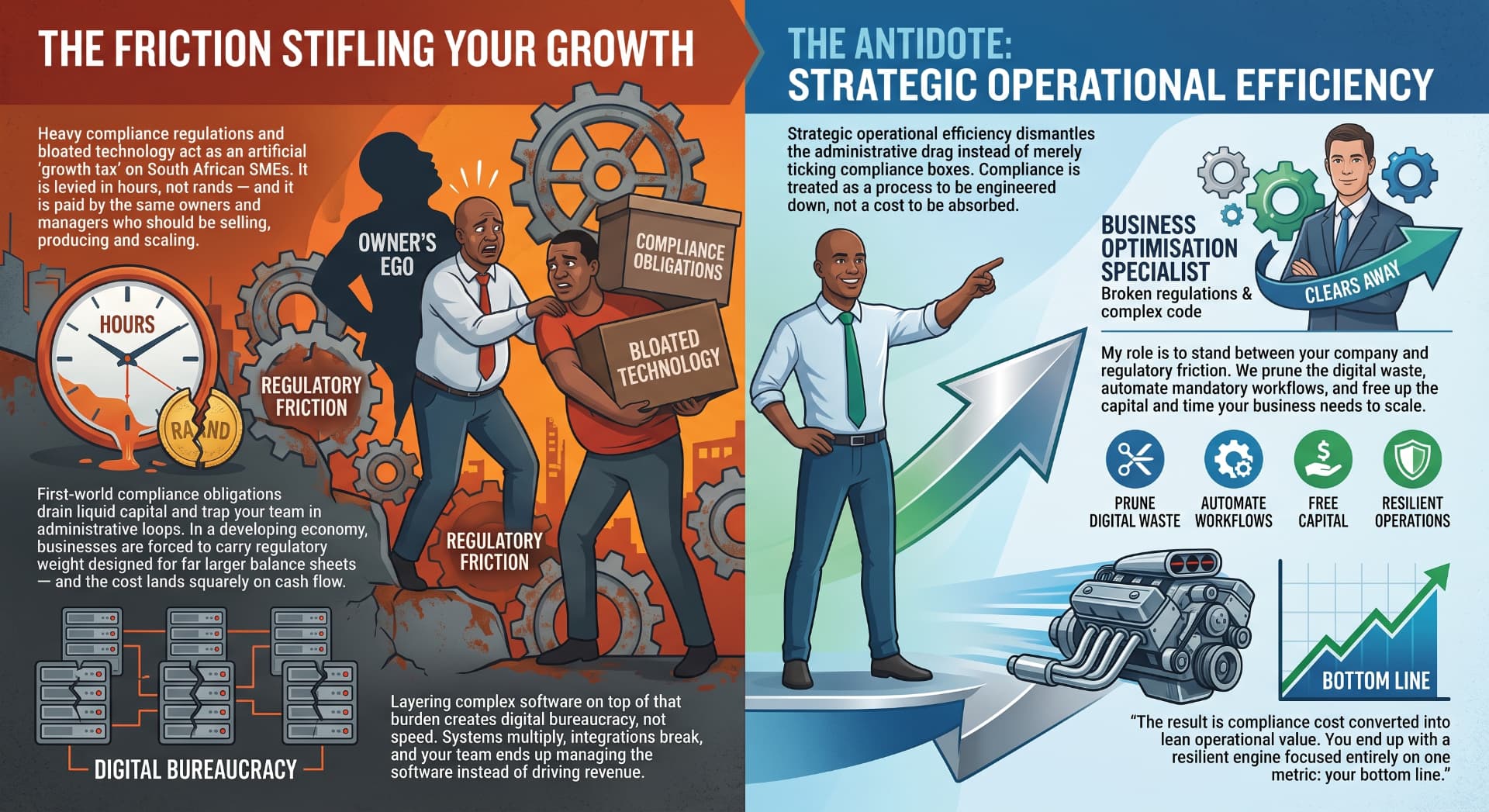 The friction stifling South African SME growth versus the antidote of strategic operational efficiency: pruning digital waste, automating workflows, freeing capital and building resilient operations that focus on your bottom line.