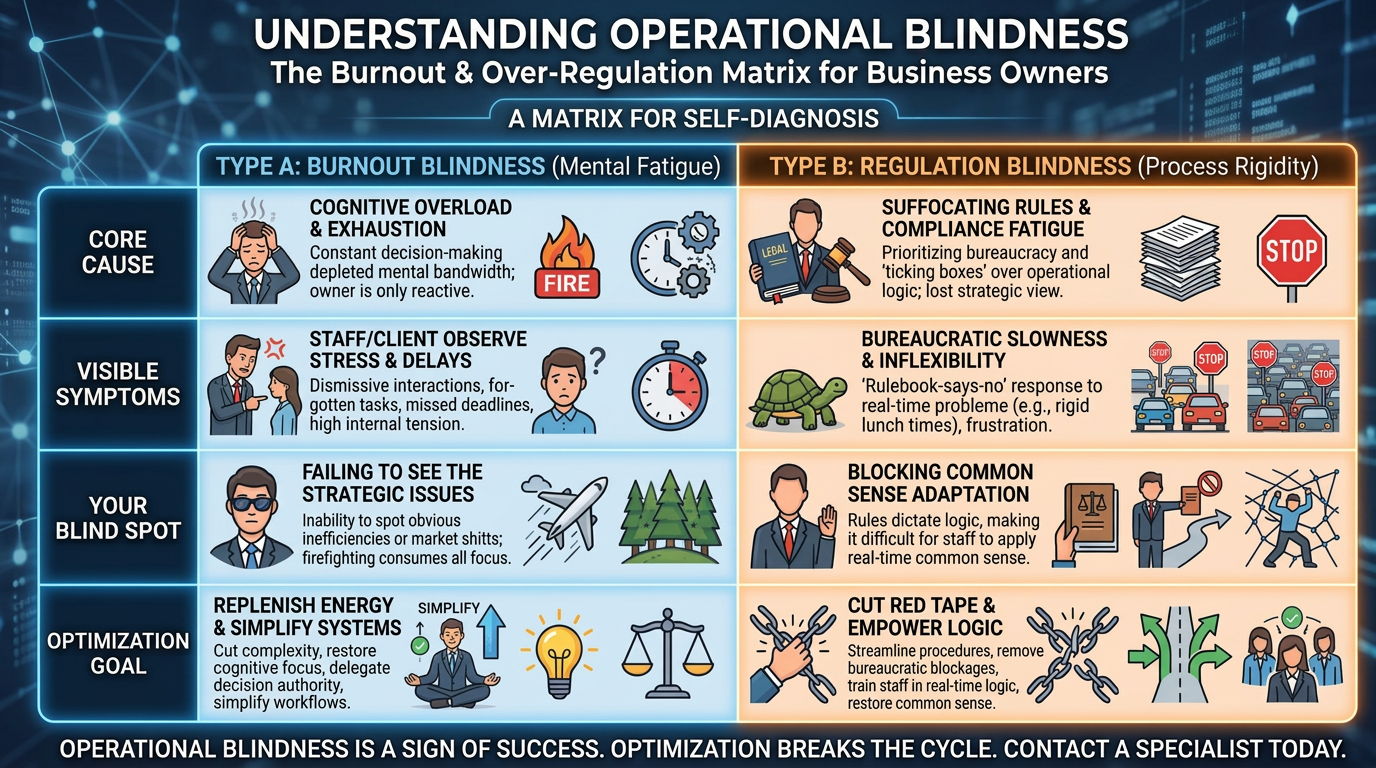 Understanding Operational Blindness — the Burnout & Over-Regulation Matrix for business owners, comparing Type A: Burnout Blindness (mental fatigue) with Type B: Regulation Blindness (process rigidity) across core cause, visible symptoms, your blind spot and optimisation goal.